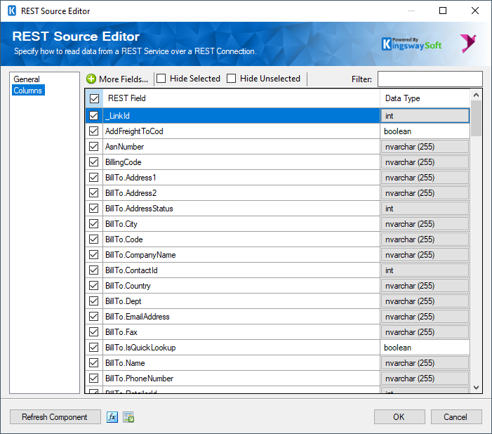 SSIS Extensiv REST Source - Columns